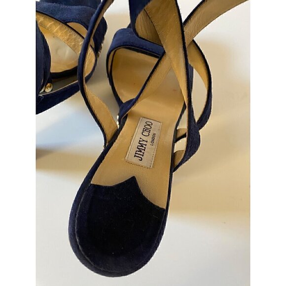 Jimmy Choo Suede Studded Unity Platform Sandals Heels 38 US 8 Blue Gold Strappy - Picture 16 of 16